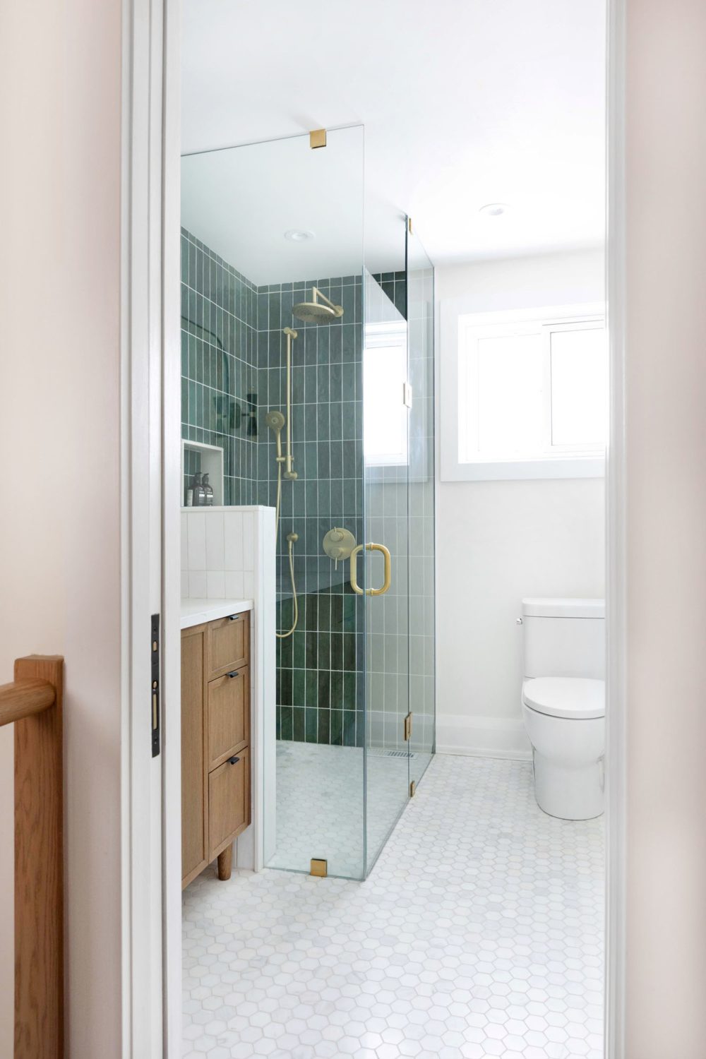 Brockton Village Toronto Home Renovation Bathroom, Green Tile, Gold Handles