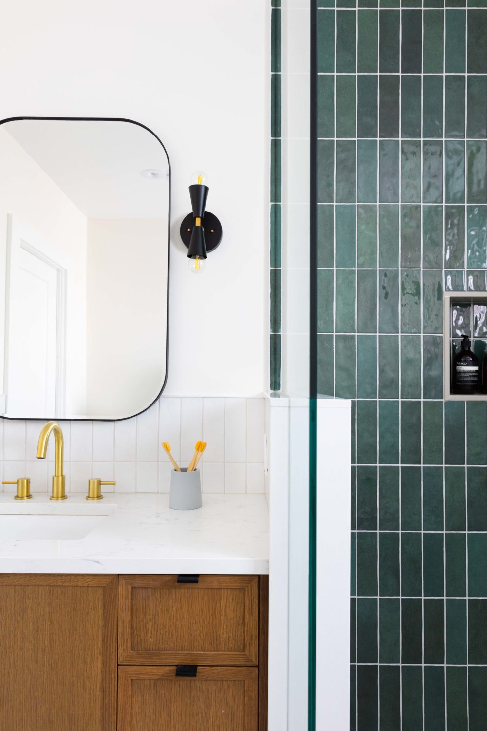 Brockton Village Toronto Home Renovation Bathroom, Green Tile, Gold Faucet