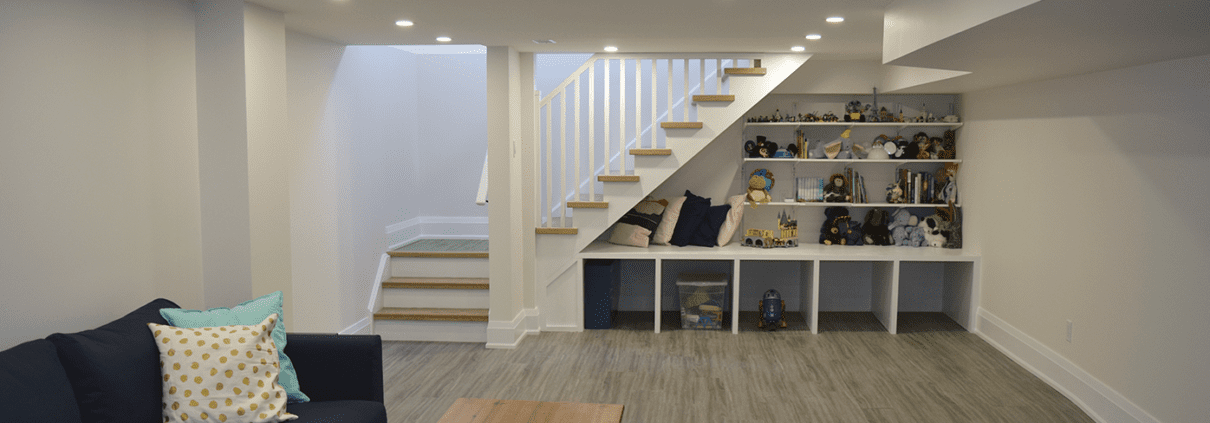 Toronto basement renovation, refreshed layout, stairs and built in shelves