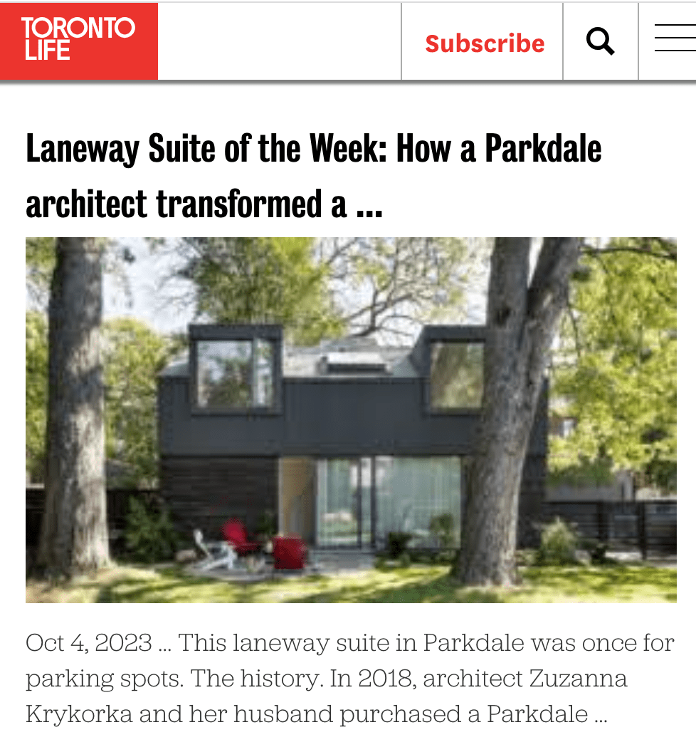 Toronto Life Article screenshot: Laneway Suite of the Week: How a Parkdale architect transformed a few backyard parking spots into a second home