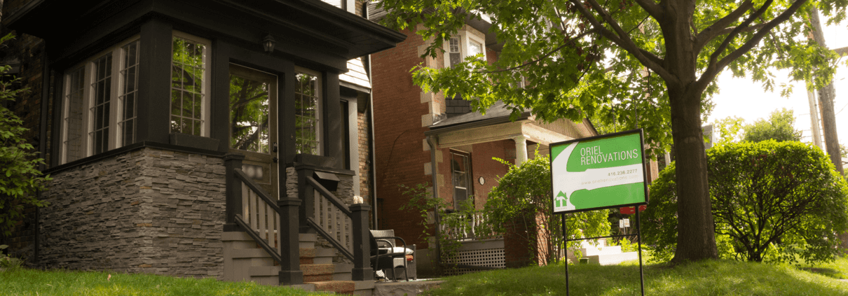 Older Toronto home, home renovation, Oriel Renovation lawn sign