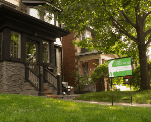 Older Toronto home, home renovation, Oriel Renovation lawn sign