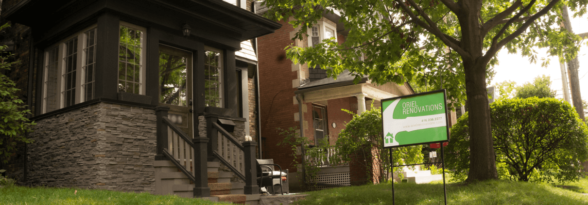 Older Toronto home, home renovation, Oriel Renovation lawn sign